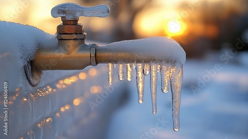 Close-up of Ice-Covered Faucet with Icicles in Winter Landscape at Golden Hour photo