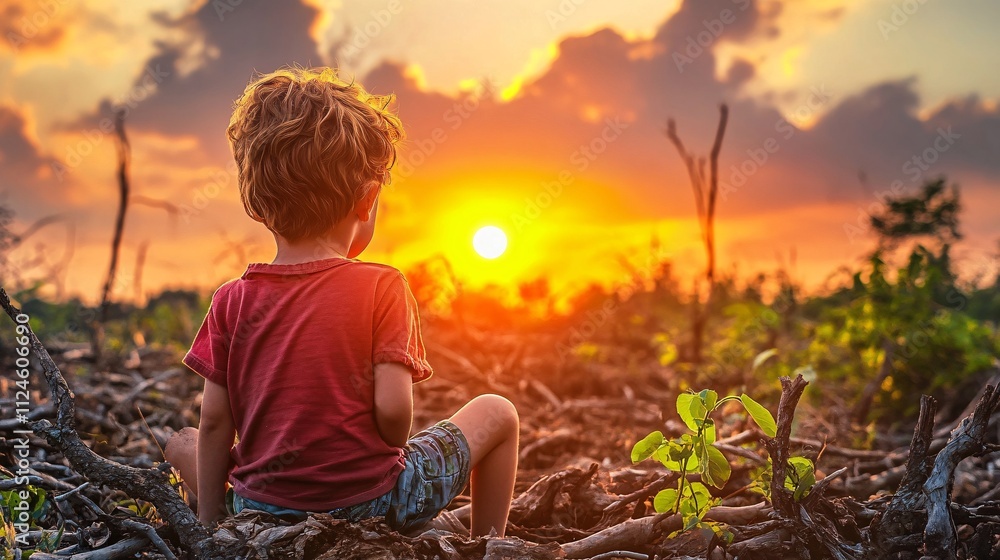 Naklejka premium A young child among decaying trees in an empty land