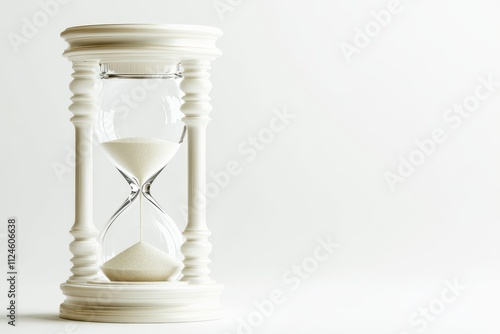 Elegant white hourglass with fine sand on a clean white background