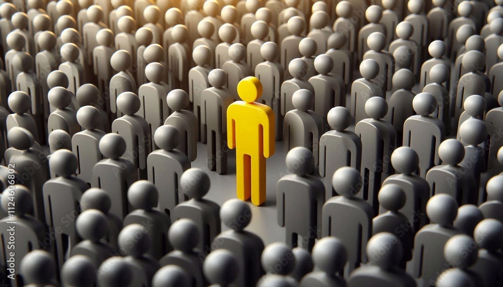 Obraz premium Yellow figure among gray figures, standing out, concept of individuality, uniqueness, leadership and distinction in a crowd of people