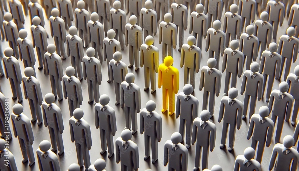 Fototapeta premium Yellow figure among gray figures, standing out, concept of individuality, uniqueness, leadership and distinction in a crowd of people