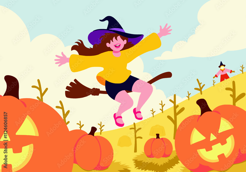 A joyful girl dressed as a witch flies on a broomstick over a pumpkin patch during Halloween A joyful girl dressed as a witch flies on a broomstick over a pumpkin patch during Halloween