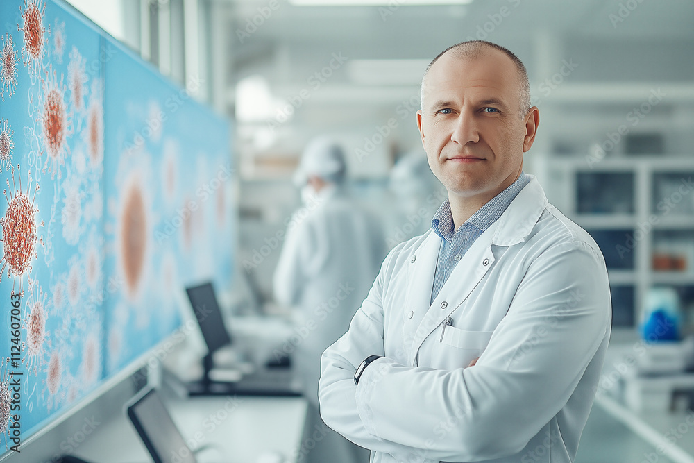 Scientist in laboratory setting studying viruses with colleagues in the background. Generative AI Scientist in laboratory setting studying viruses with colleagues in the background. Generative AI