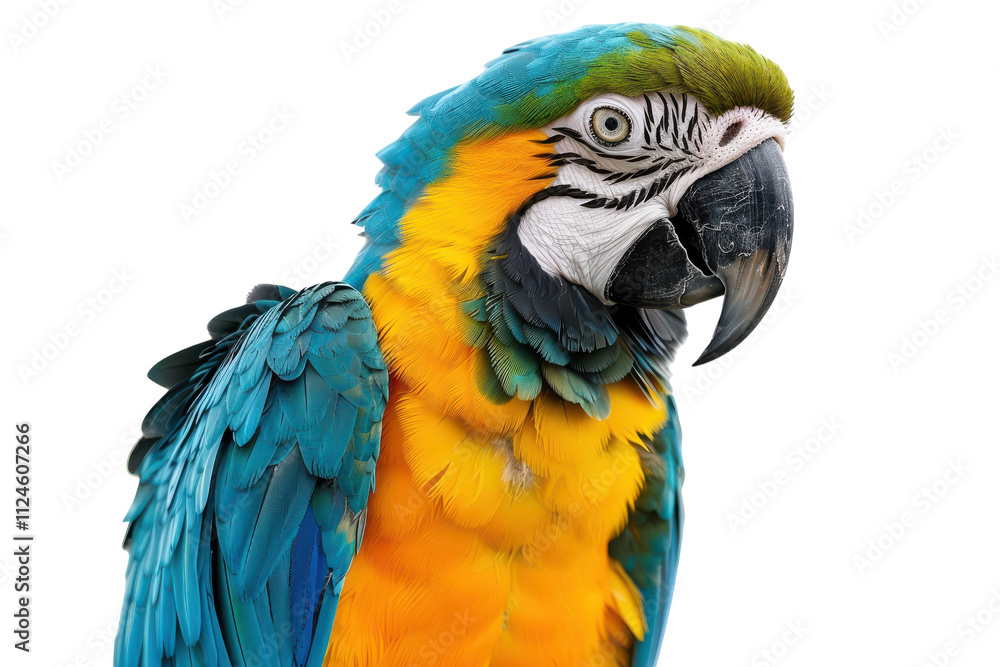 Stunning Hyperrealistic Image of a Blue and Gold Macaw Isolated on a Pure White Background for Art and Design Use Stunning Hyperrealistic Image of a Blue and Gold Macaw Isolated on a Pure White Background for Art and Design Use