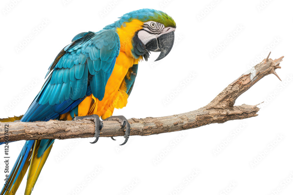 Obraz premium Hyperrealistic Blue and Gold Macaw Perched on an Invisible Surface, Perfect for Avian Art Displays and Educational Materials