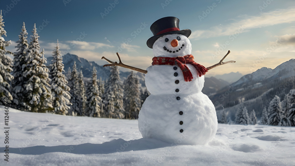 Fototapeta premium snowman, Christmas hat, happy mood, festive, winter, holiday spirit, joyful snowman, Christmas decoration, winter cheer, snow, Santa hat, holiday season, cheerful snowman, Christmas joy, seasonal