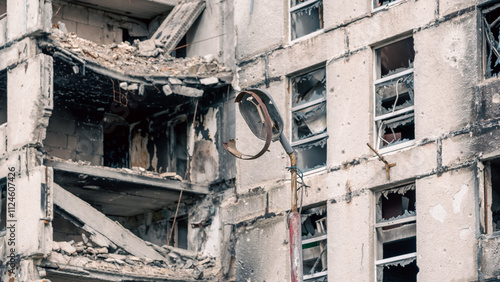 destroyed and burned houses in the city in Ukraine