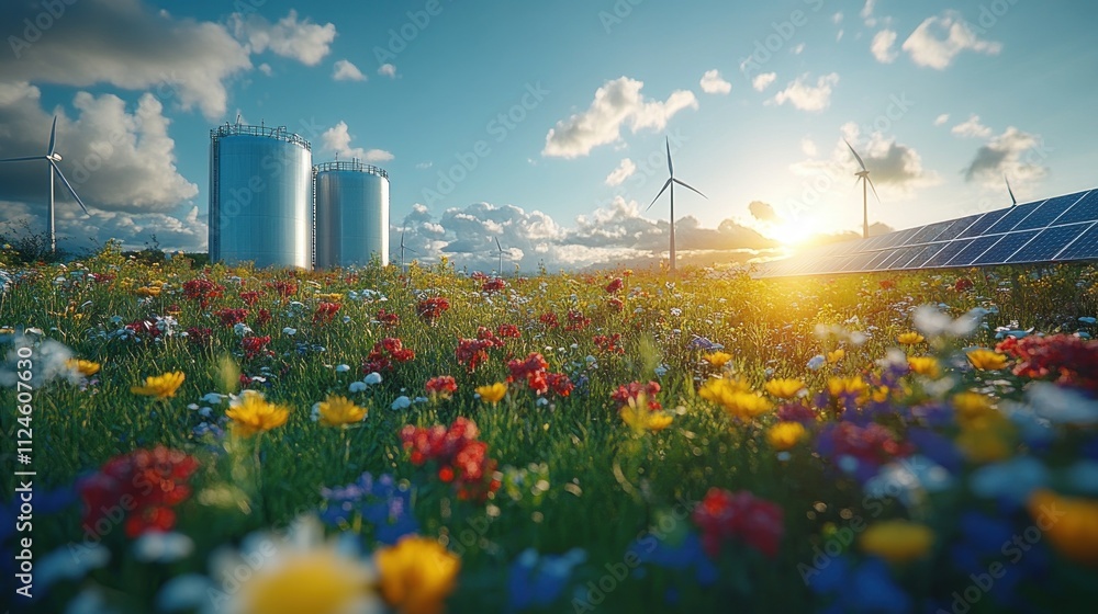 Obraz premium Hydrogen Storage for Clean Energy with Wind Turbines and Solar Panels in a Sustainable Facility