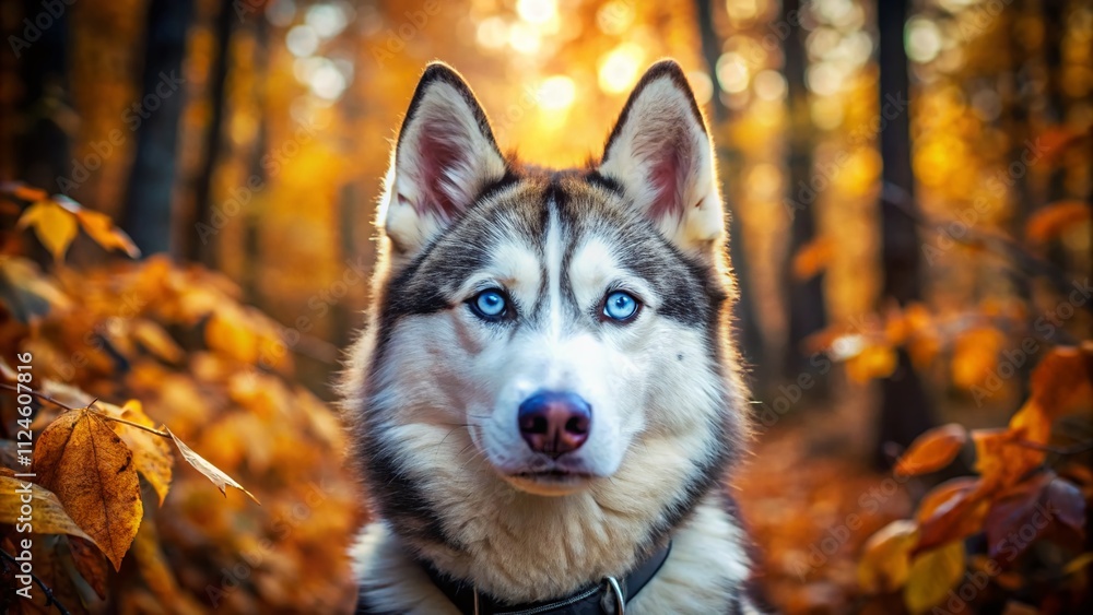 Obraz premium Adorable One-Year-Old Siberian Husky Dog with Blue Eyes Posing in Autumn Forest, Captivating Close-Up Portrait with Rustic Countryside Backdrop and Copy Space for Text