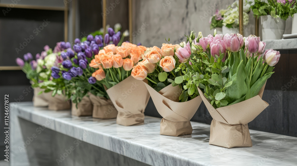 Elegant floral bouquets display on marble counter in chic boutique Elegant floral bouquets display on marble counter in chic boutique