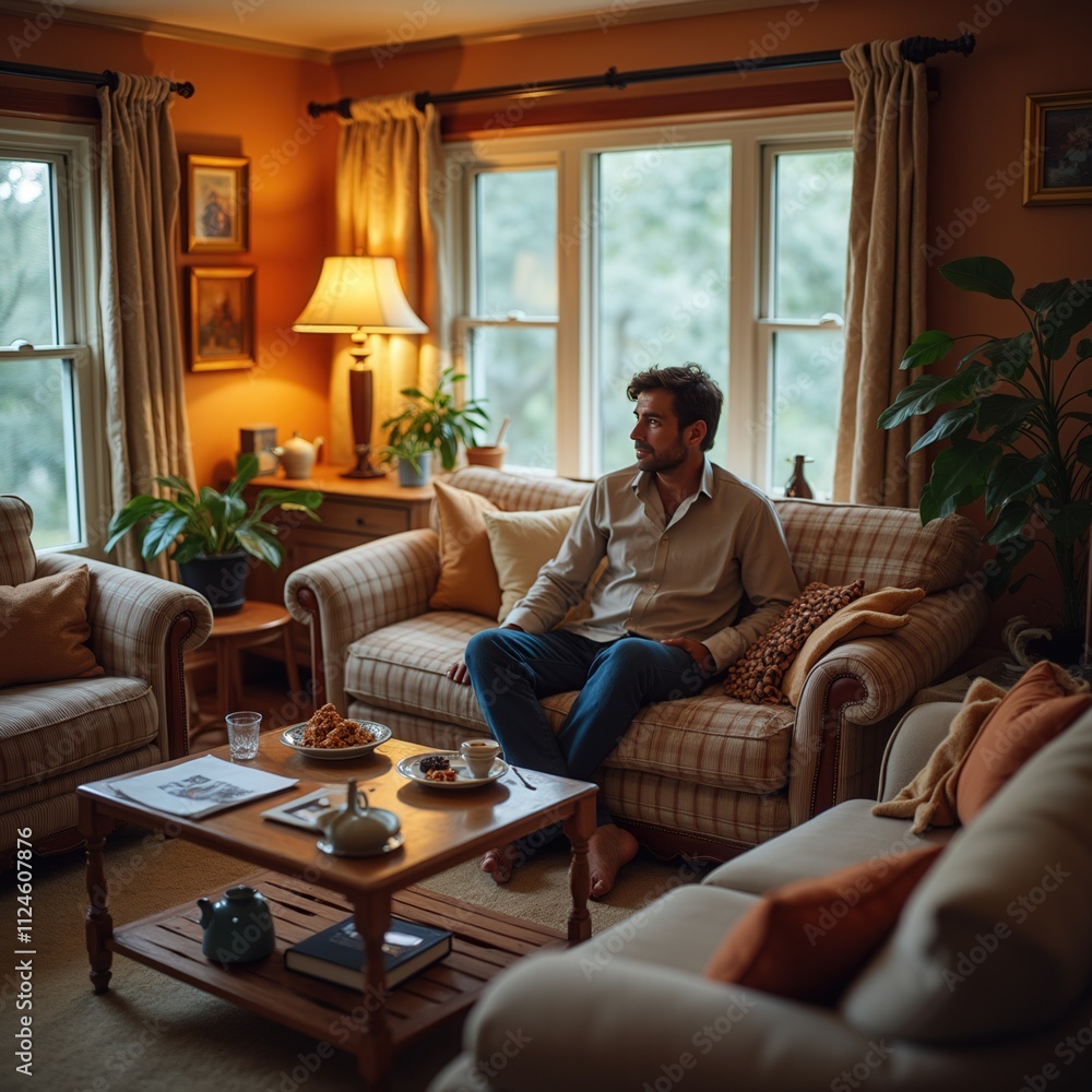 Cozy Living Room with Man Relaxing
