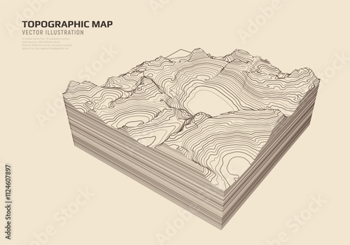 3D topographic map. Geographic contour map with elevation lines. Detailed terrain visualization concept. Vector illustration of landscape elevations and natural relief.
