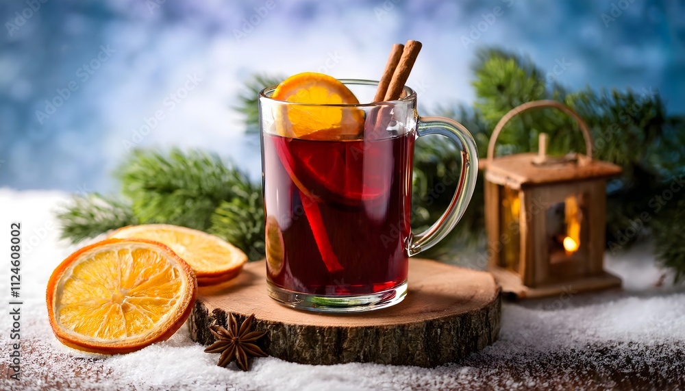 A mug of Polish mulled wine with cinnamon sticks and orange slices in a winter setting. A mug of Polish mulled wine with cinnamon sticks and orange slices in a winter setting.