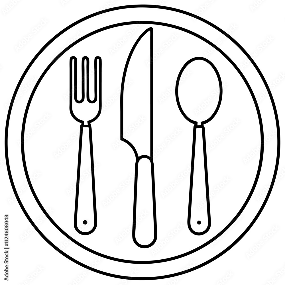 fork knife cutlery and plate in sign line art icon vector silhouette illustration for photo overlays, t-shirt print, and flyer poster design fork knife cutlery and plate in sign line art icon vector silhouette illustration for photo overlays, t-shirt print, and flyer poster design