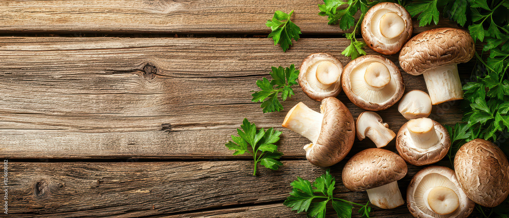 Fresh mushrooms and parsley arranged on a rustic wooden surface, showcasing natural ingredients ideal for cooking. Fresh mushrooms and parsley arranged on a rustic wooden surface, showcasing natural ingredients ideal for cooking.