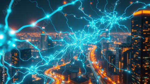 Neural Network Cityscape: A captivating abstract image showcasing a network of glowing blue neurons intertwined with a cityscape, symbolizing the interconnectedness of technology and urban life.  