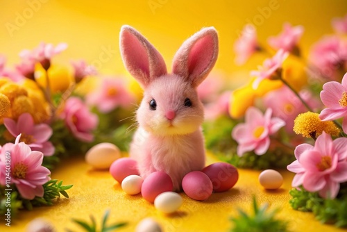 Adorable Pink Easter Bunny Surrounded by Egg-Shaped Pink Spring Flowers Against a Bright Yellow Background for a Creative and Minimalist Easter Celebration