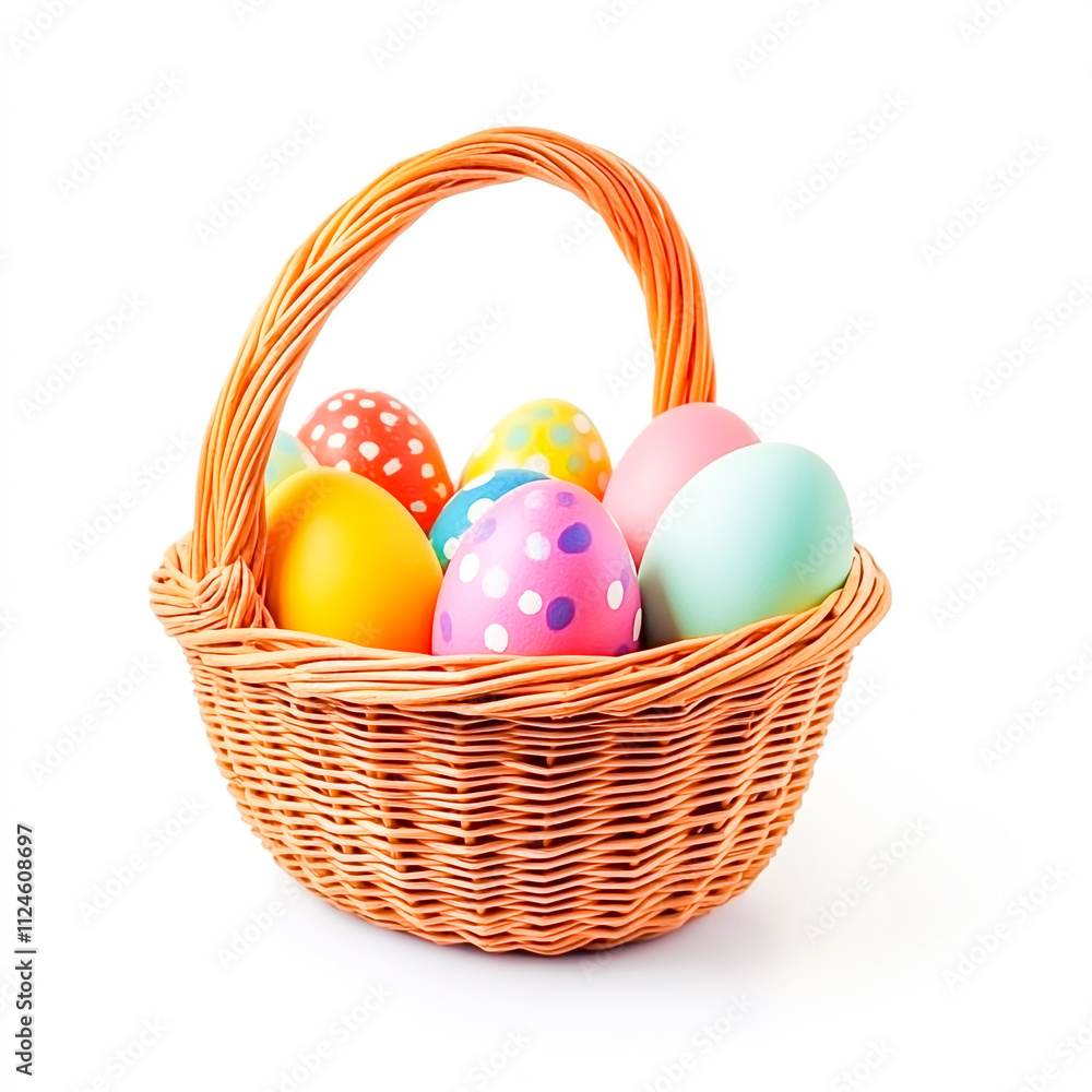 colorful Easter eggs with wicker basket Isolated on white background colorful Easter eggs with wicker basket Isolated on white background