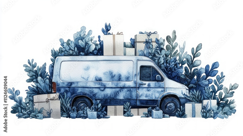 A delivery van surrounded by lush plants and gifts highlights a sustainable approach to shipping, promoting eco-friendliness and responsible practices A delivery van surrounded by lush plants and gifts highlights a sustainable approach to shipping, promoting eco-friendliness and responsible practices