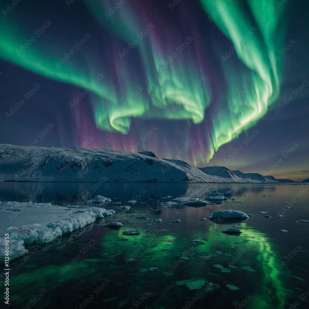 Naklejka premium A narwhal pod under the Northern Lights reflected on clear Arctic seas.