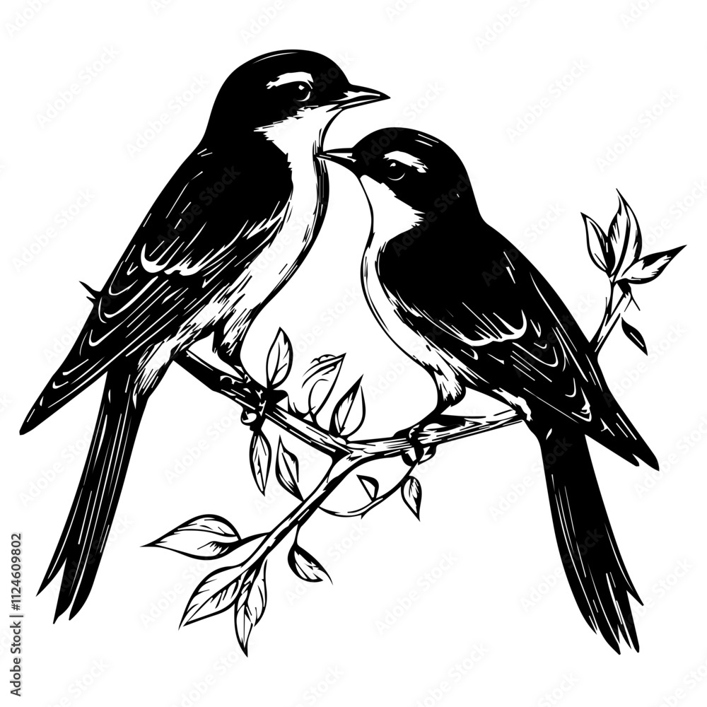Fototapeta premium two birds on a branch, couple of love birds vector illustration keywords