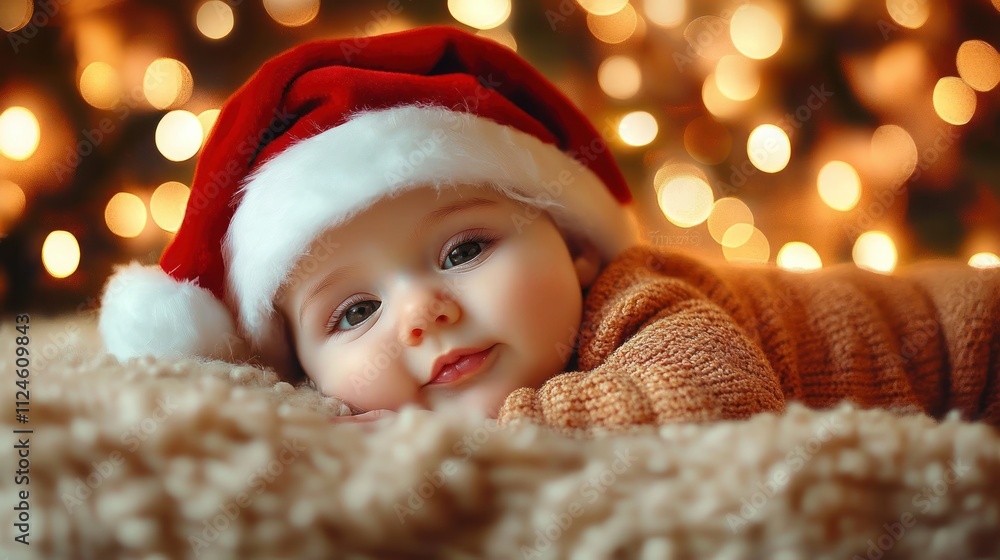 Newborn Baby in Santa Hat Under Christmas Tree Warm Cozy Family Christmas First Holiday Newborn Baby in Santa Hat Under Christmas Tree Warm Cozy Family Christmas First Holiday