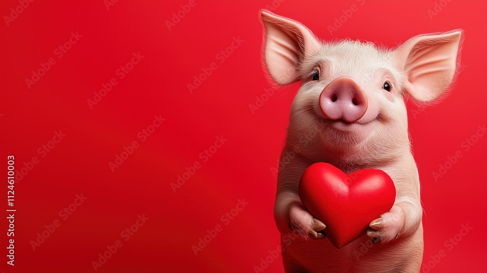 Cute Pig Holding Heart on Red Background Cute Pig Holding Heart on Red Background