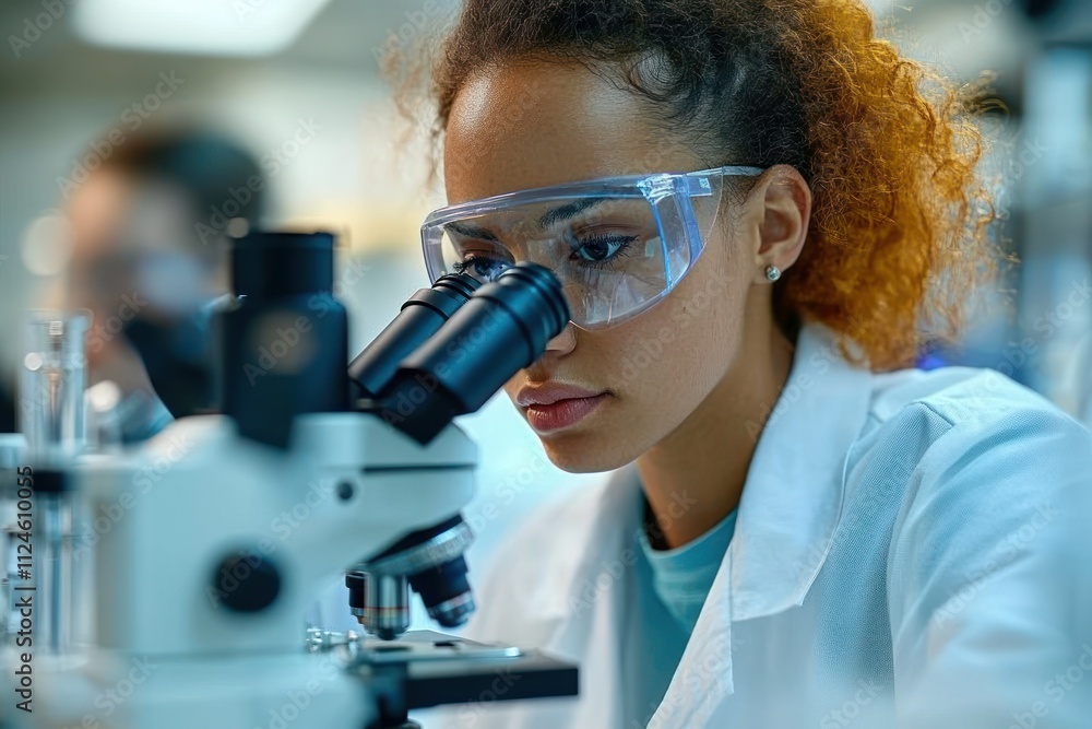 African American scientist observing samples through microscope in bright modern laboratory African American scientist observing samples through microscope in bright modern laboratory