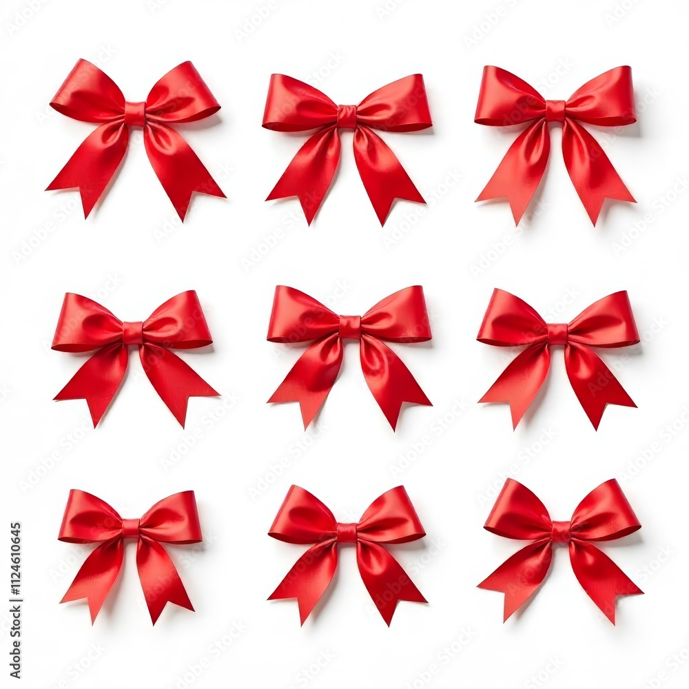 Nine Red Gift Bows on a White Background Nine Red Gift Bows on a White Background