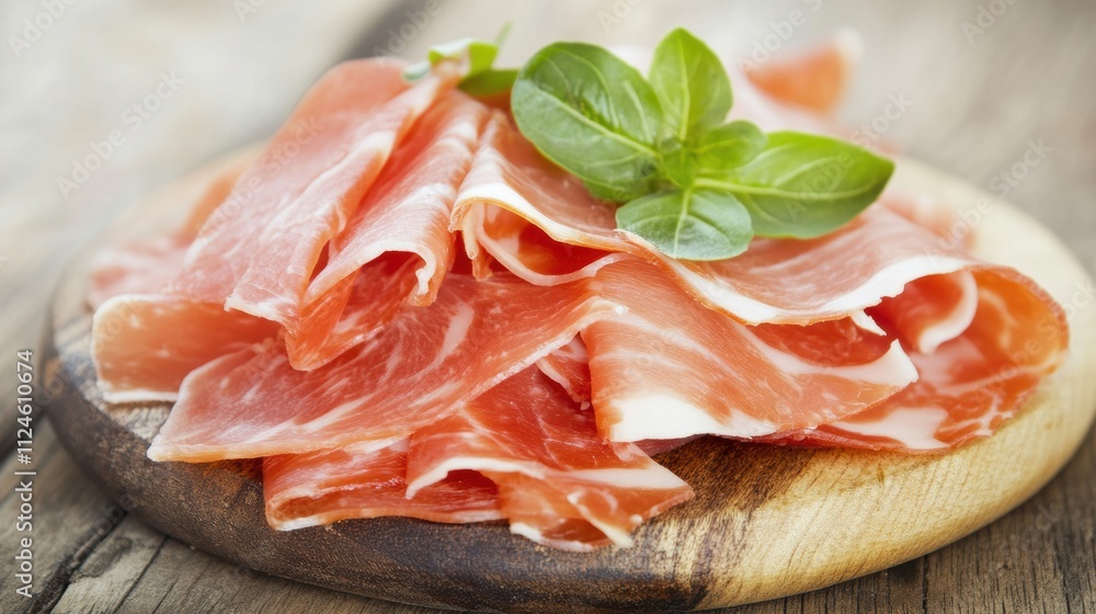 Close-up of thinly sliced prosciutto on a wooden board, garnished with fresh green basil leaves, highlighting gourmet cuisine. Close-up of thinly sliced prosciutto on a wooden board, garnished with fresh green basil leaves, highlighting gourmet cuisine.