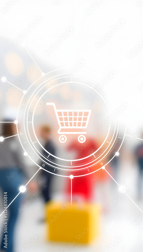 Fototapeta premium A digital shopping cart icon within abstract circular patterns and network lines on a white background representing online shopping. 3D Rendering, blurry foreground