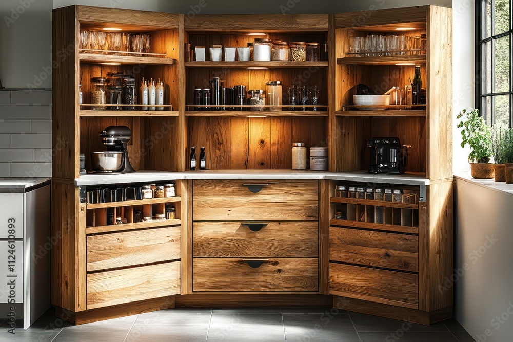 Corner kitchen pantry with wooden shelves, drawers, and integrated lighting, showcasing organized spices, jars, and kitchen appliances. Corner kitchen pantry with wooden shelves, drawers, and integrated lighting, showcasing organized spices, jars, and kitchen appliances.