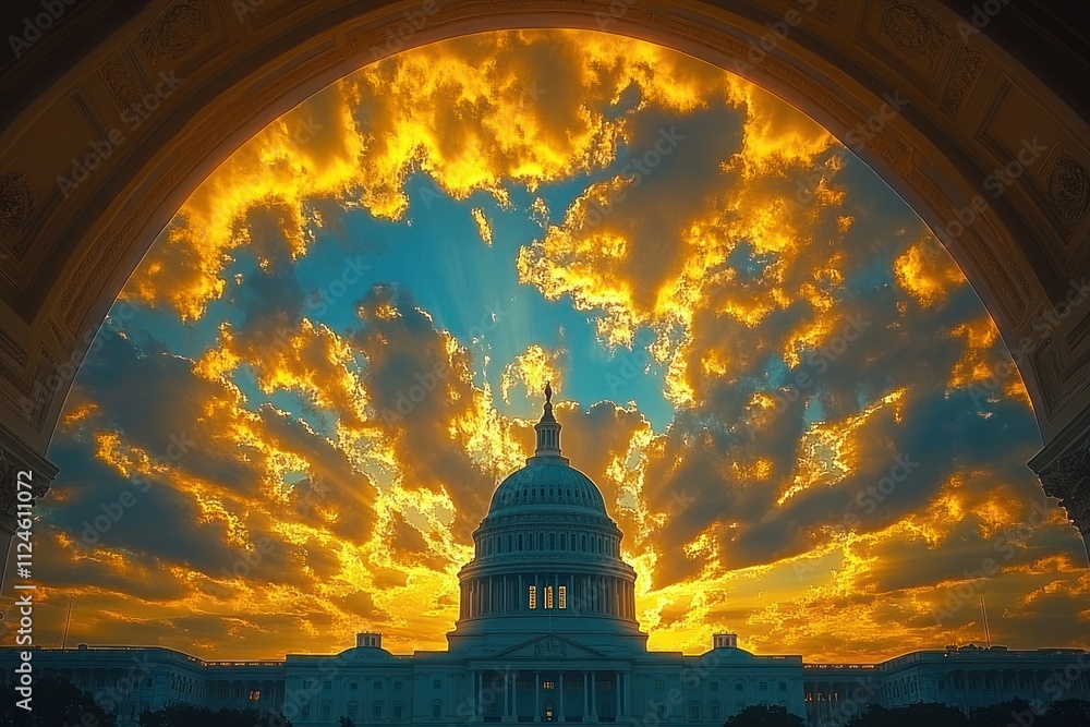 Fototapeta premium Majestic Capitol Building at Sunset in Washington DC with Golden Dome and Dramatic Clouds