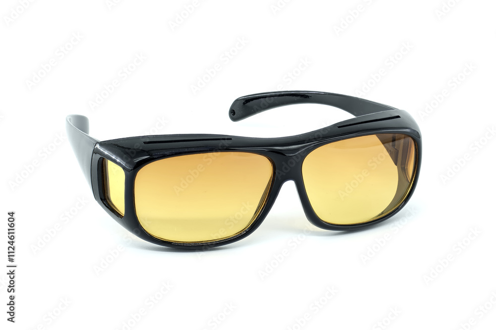Stylish Black Sunglasses With Yellow Lenses on White Background Stylish Black Sunglasses With Yellow Lenses on White Background