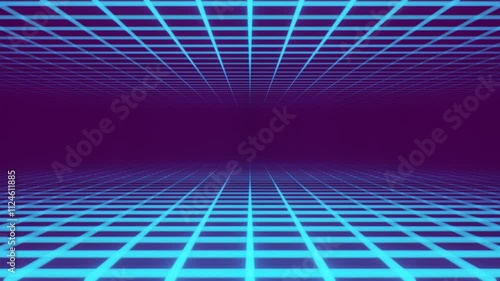 Retro synthwave wireframe. Virtual futuristic grid with seamless animation. Digital landscape in motion. Retrowave 80s neon cyber background.