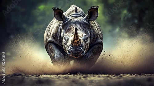 Charging rhinoceros kicks up dust in a lush forest during daylight photo