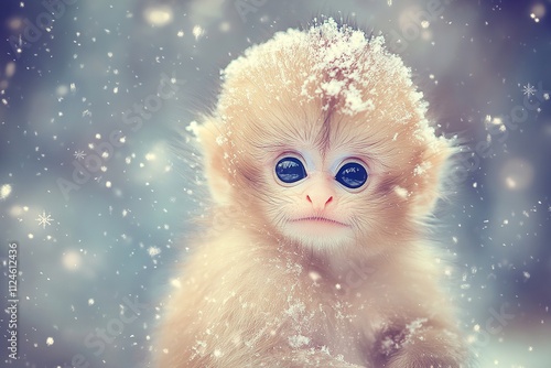 Fluffy Baby Monkey in Snow, Snowflakes on Fur, Wide Curious Eyes Gazing at Camera photo