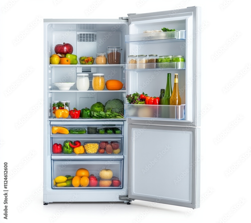 Open refrigerator displaying fresh fruits, vegetables, and organic groceries. Open refrigerator displaying fresh fruits, vegetables, and organic groceries.