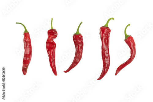 Red hot chili peppers of different shapes on a white background