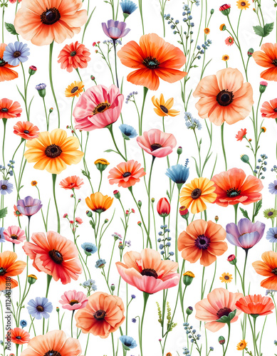 Watercolor seamless floral background. Colorful field flowers on white. Hand drawn pattern, 