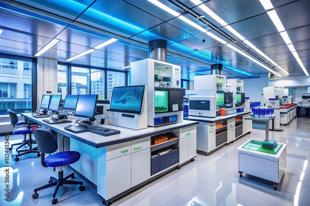 Advanced Automated Microarray Processing in a High-Tech Genomic Research Lab Showcasing Cutting-Edge Techniques and Equipment with Ample Copy Space for Scientific Publications Advanced Automated Microarray Processing in a High-Tech Genomic Research Lab Showcasing Cutting-Edge Techniques and Equipment with Ample Copy Space for Scientific Publications