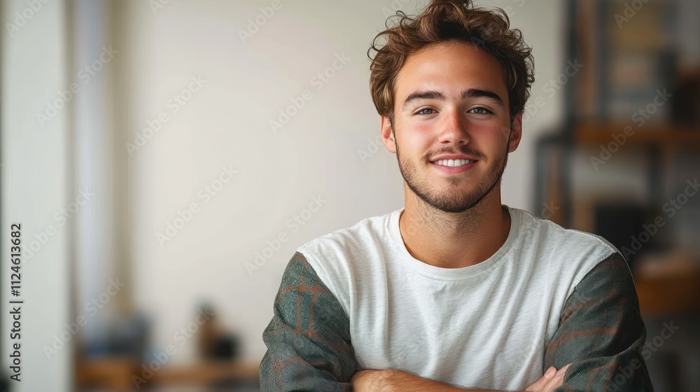 Young cheerful man smiling with crossed arms in casual attire on neutral background Young cheerful man smiling with crossed arms in casual attire on neutral background