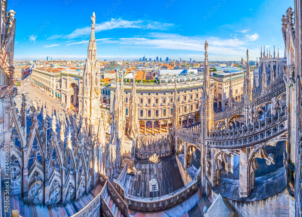 The view through gothic flying buttresses of Milan Cathedral, Italy