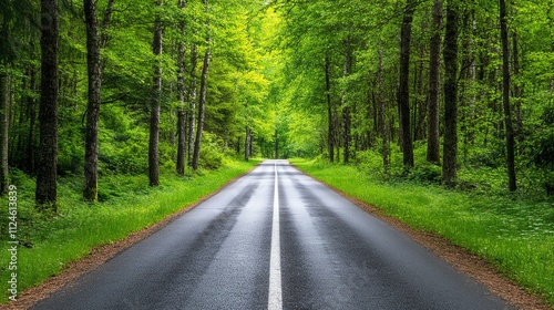 A paved road winds through a forest in the summer.
