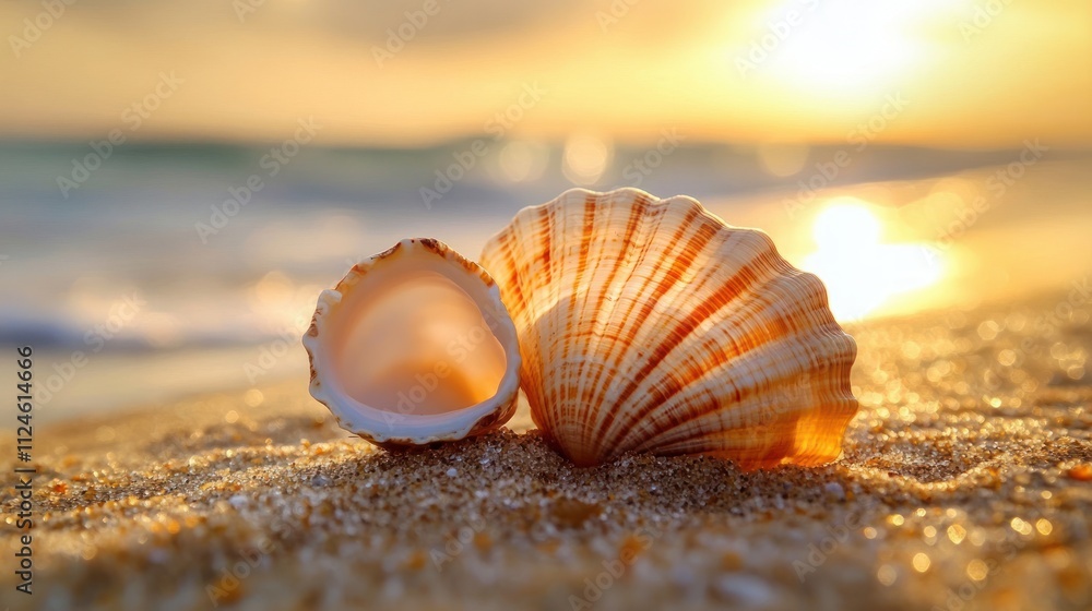 Seashell on Sandy Beach at Sunset Light with Soft Bokeh Seashell on Sandy Beach at Sunset Light with Soft Bokeh