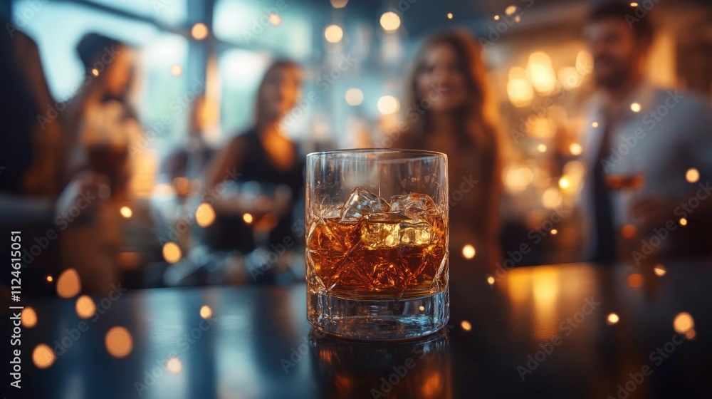 Stylish Cocktail Party with Guests in Elegant Attire and Whiskey Focused on Dark Table Stylish Cocktail Party with Guests in Elegant Attire and Whiskey Focused on Dark Table