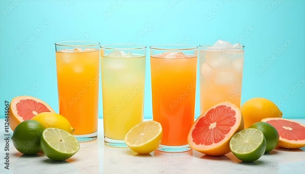 Isolated drinks. Glasses of fresh citrus juices (orange, grapefruit, lemon, lime) and cut fruits isolated on white background Isolated drinks. Glasses of fresh citrus juices (orange, grapefruit, lemon, lime) and cut fruits isolated on white background
