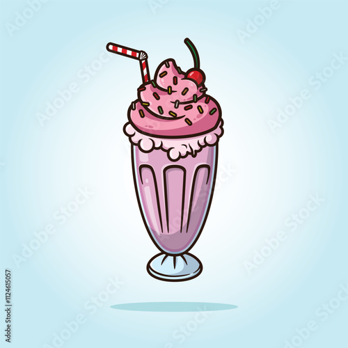 Strawberry milkshake with pink whipped cream, colorful sprinkles and cherry topping. Drink vector cartoon illustration