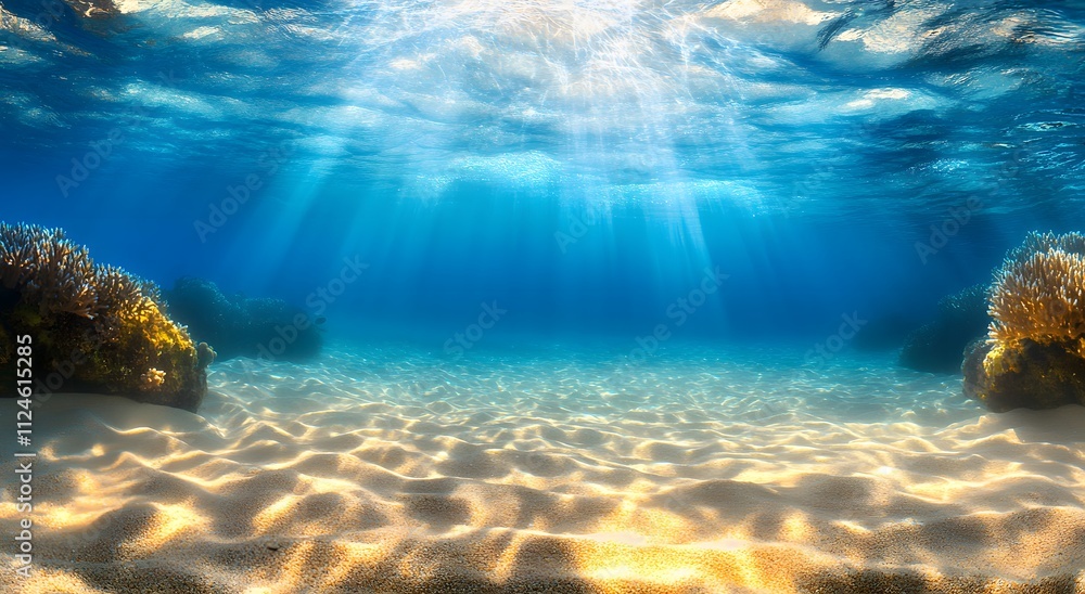 Fototapeta premium Underwater view of a sandy tropical seabed, showcasing the beauty and tranquility of clean white sand and blue water. A beautiful view of the seabed with small rocks. Beautiful calm sea