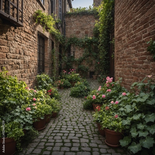 A small flower garden in a quaint cobblestone alley with ivy-covered walls.